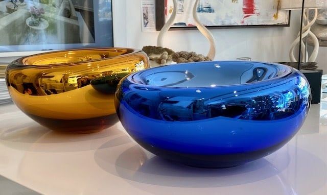Mirrored Hand Blown Glass Bowl - Blue, 12&quot; D x 6.5&quot; H