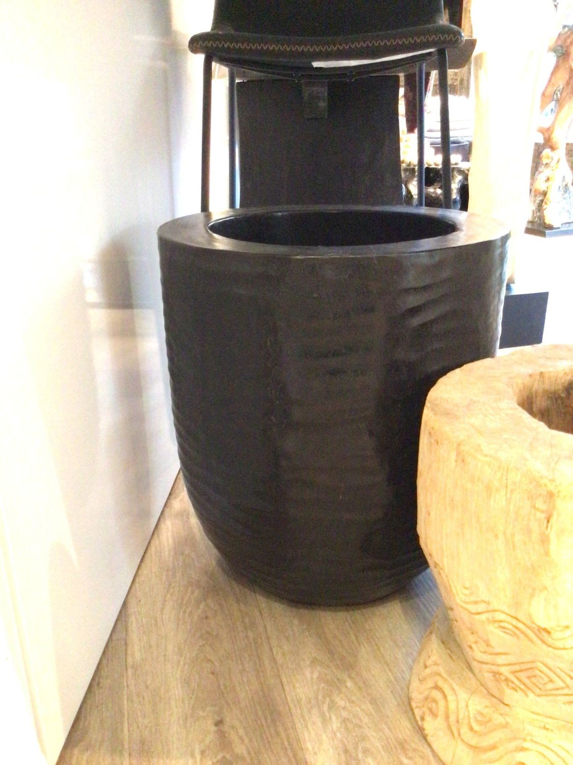 Black Hand-Carved Teak Planter from Bali, 20&quot;H x 17&quot;D