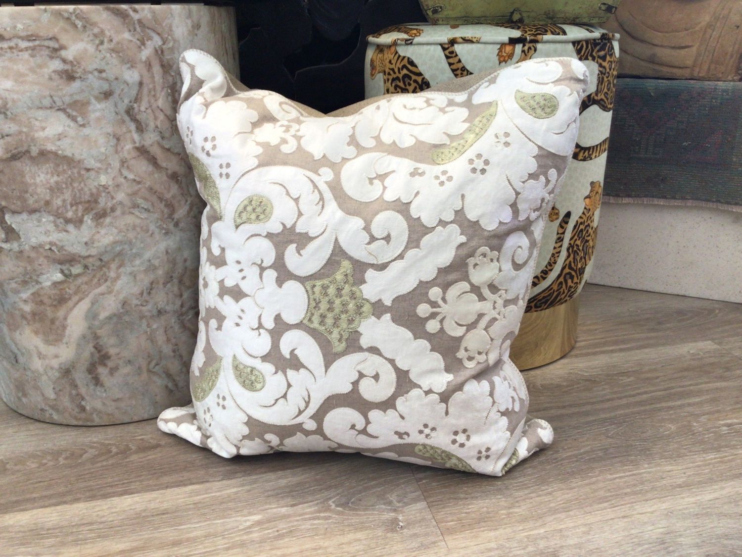 Pillow Cream Linen Lime Abstract Damask Paisley (2 in stock)