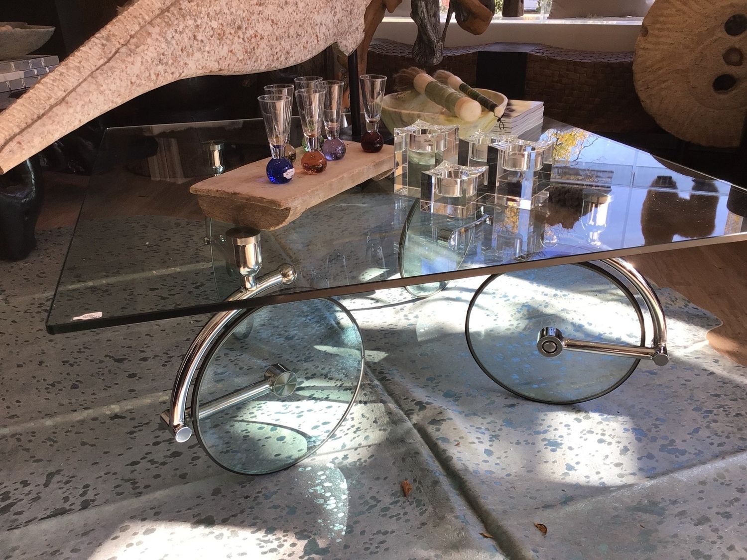 Gae Aulenti Inspired Glass Coffee Table with Chrome Wheels, 39.5&quot; x 39.5&quot;