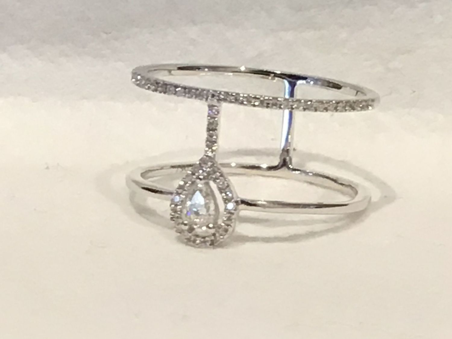Diamond Ring Size 7.5, 2 Tier Pear Drop 18K WG .21 Carats