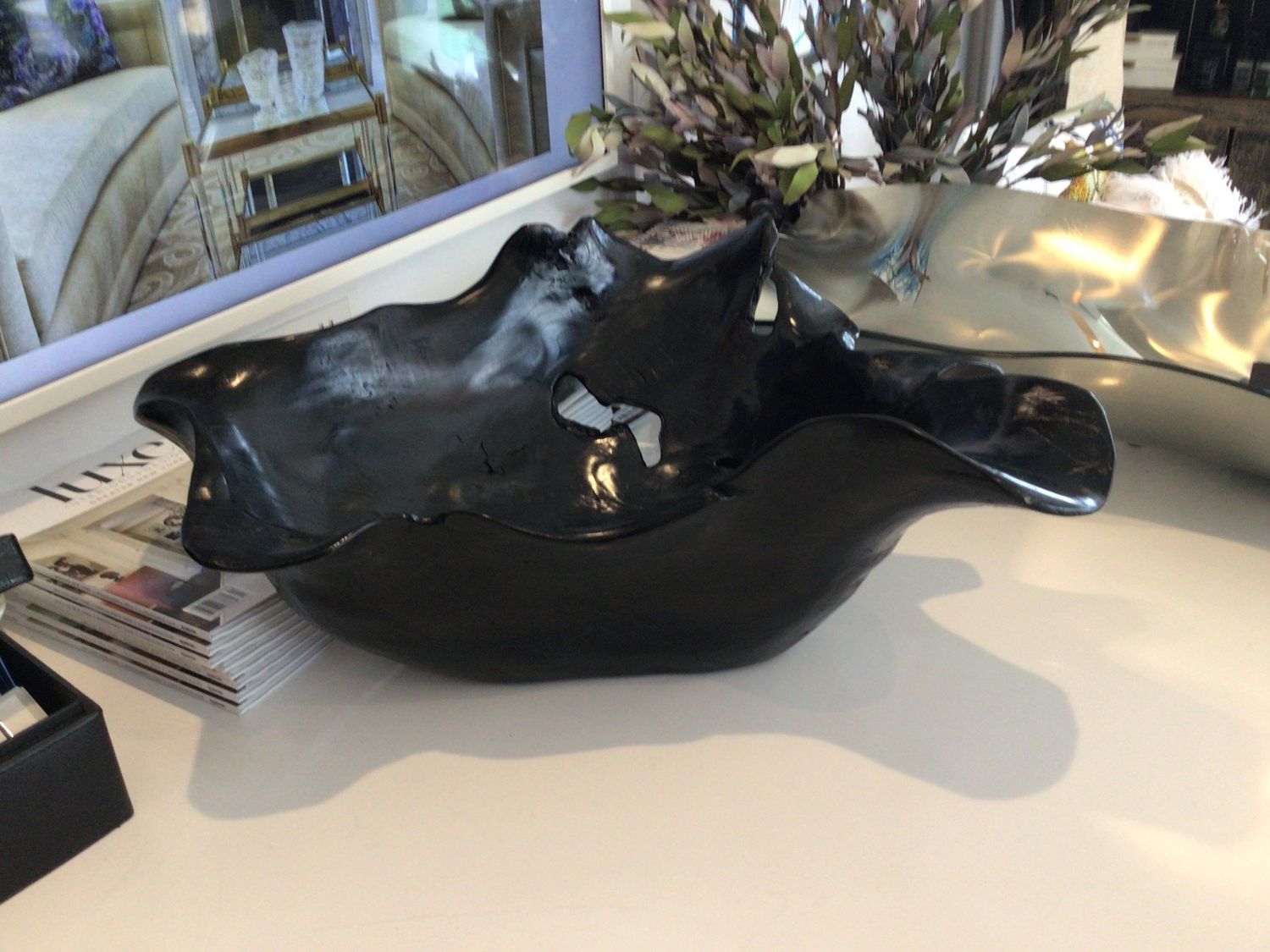 Black Polished Teak  Bowl , Organic Shape, 20.5&quot; L  x  17&quot; W x 9&quot; H