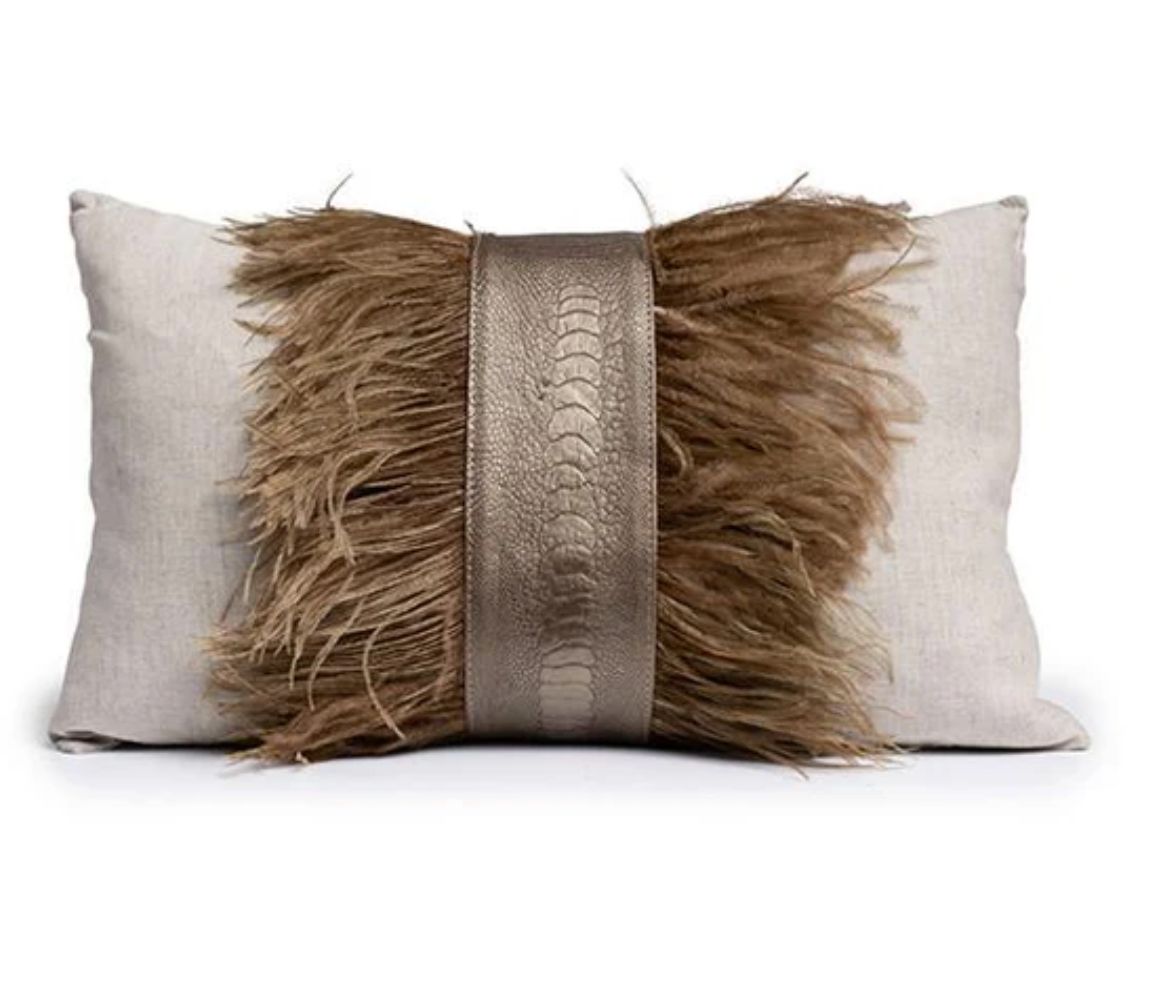 Lumbar Pillow - Ostrich Shin trim and Feathers, Stone Linen, Feather Down Insert, 1 Available