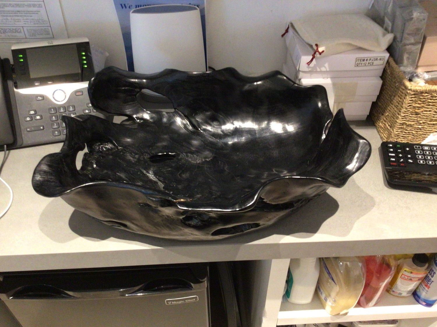 Black Polished Teak Oyster Bowl Wide 21L x 19 W