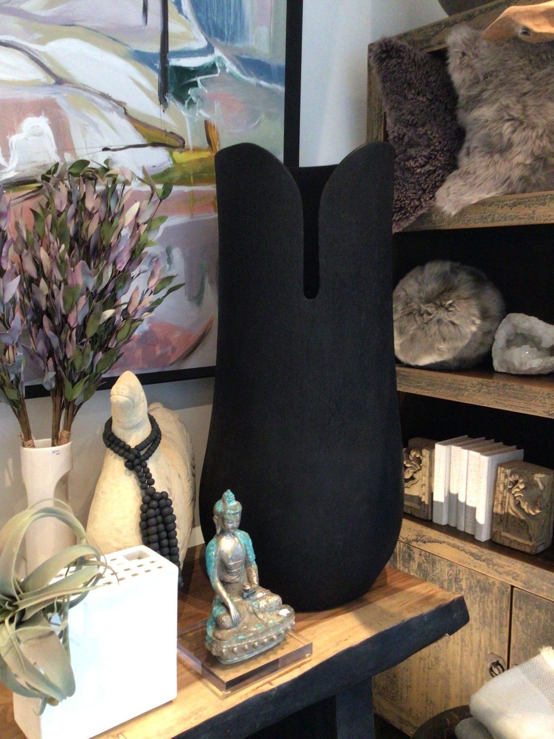 Palm Pot, Black MatteTeak, Bali, 40&quot; H x 16&quot; D