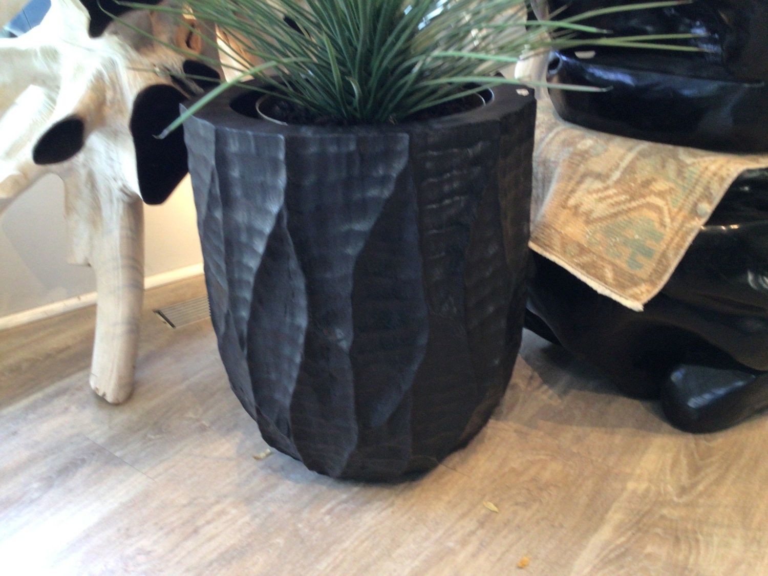 Black Hand-Carved Teak Planter from Bali, 20&quot;H x 17&quot;D