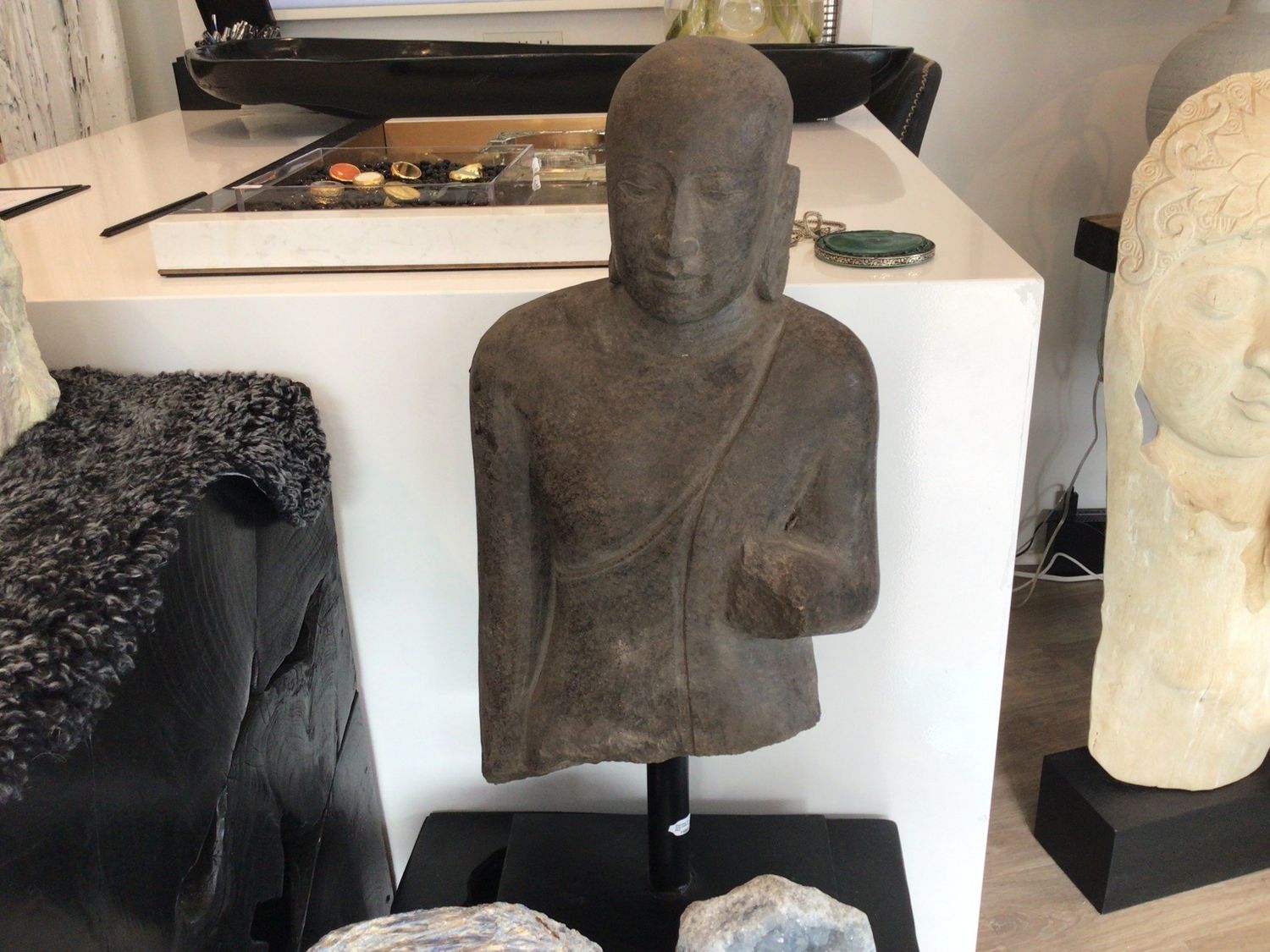 Black Stone Torso of Buddha on Stand, 24.5&quot; Tall,  Base  10&quot; x 6&quot;