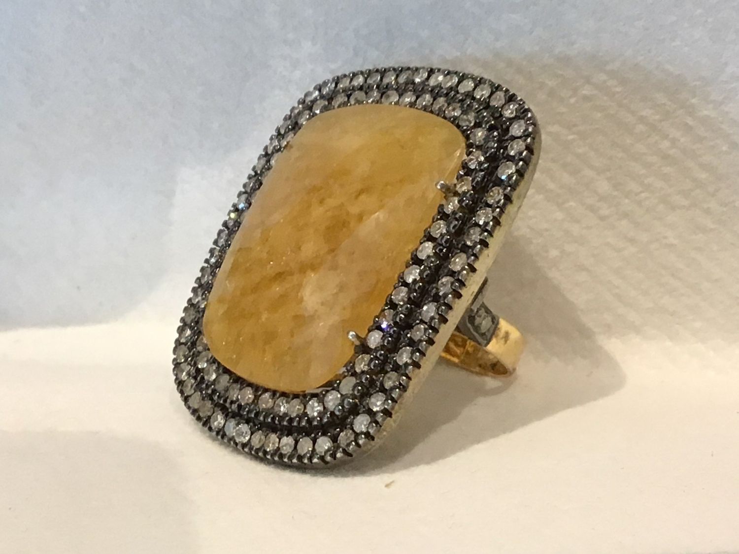 Ring Yellow Sapphire With Raw Diamonds, 14K Yellow Gold &amp; Silver, Size 6.5