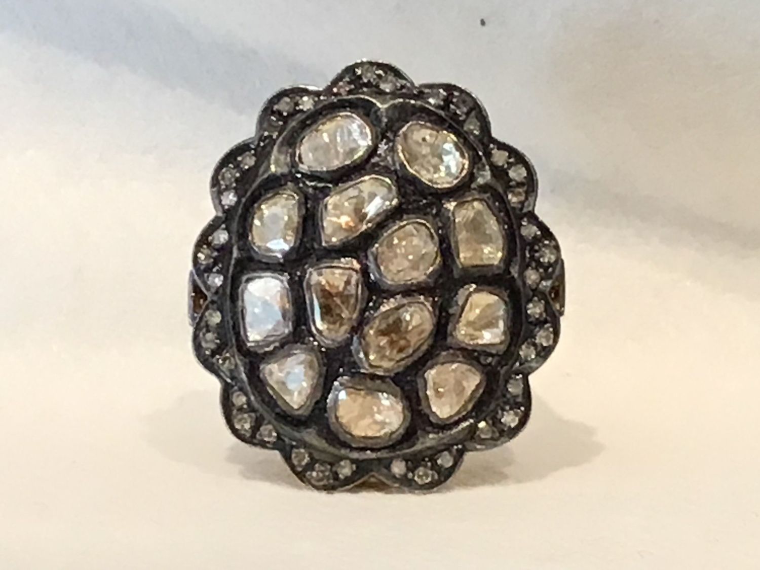 Ring Sliced Raw Diamonds , size 6, 14K Yellow Gold &amp; Silver