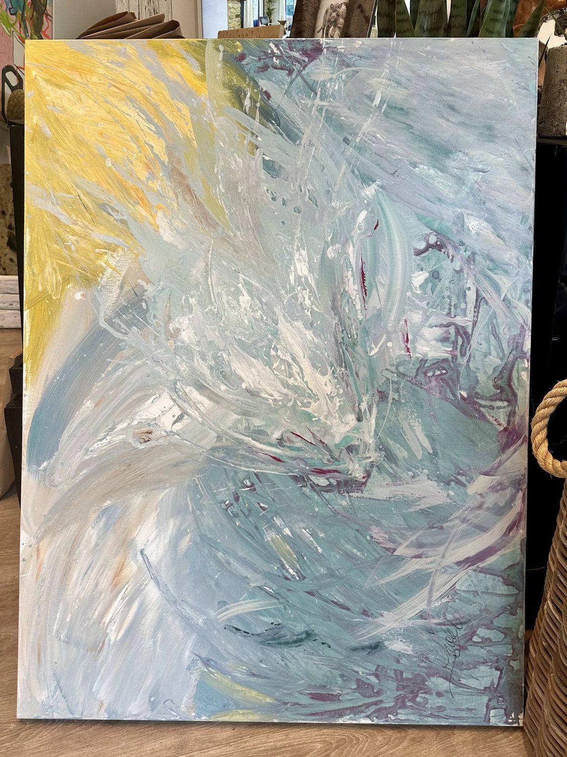 Original Art, 36 x 48, Sholeh Janati, Mixed Media Corner Signed, &quot;Floral Splash&quot; Yellow Gold, Blue, Lavender