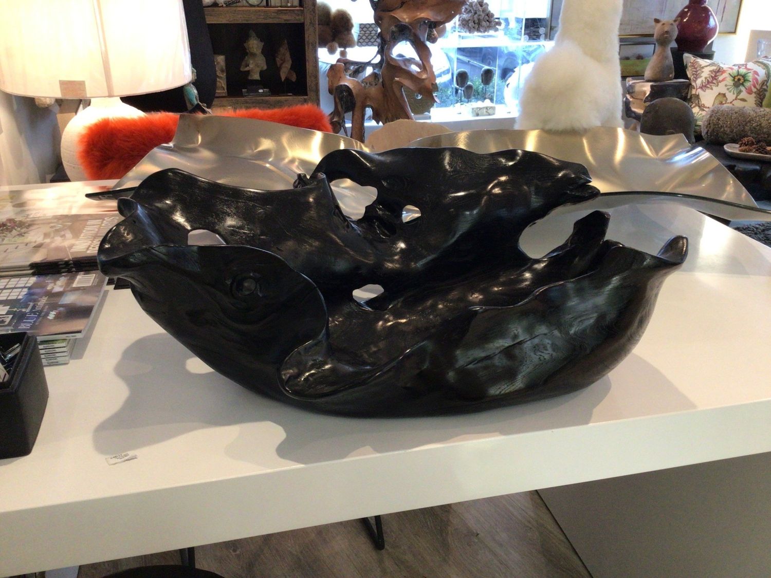 Large Black Polished Teak Oyster Bowl 24&quot;L x 8&quot; D