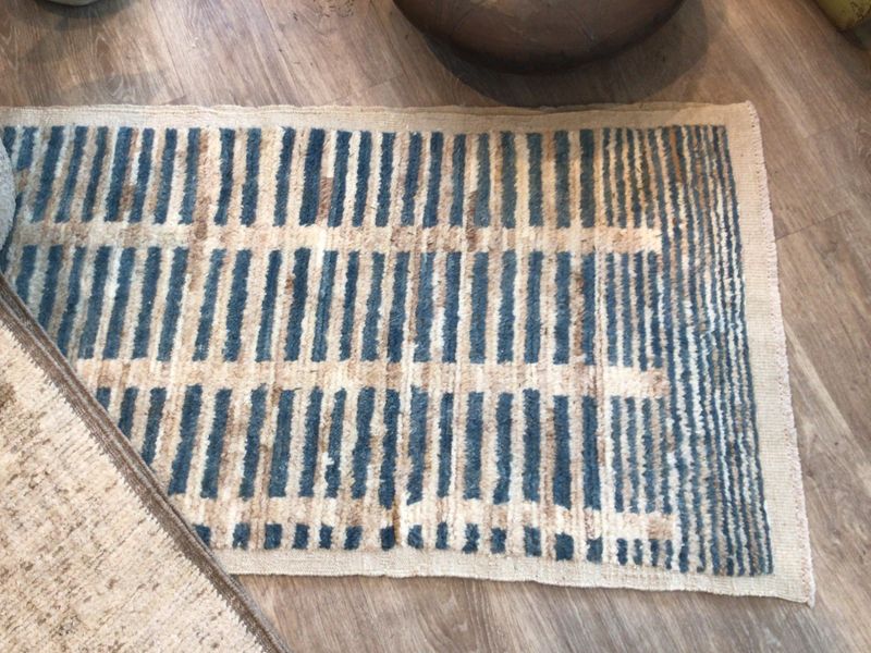 Moroccan Rug,  2&#39;5&quot; x 10&#39;4&quot;,  Blue /Turquoise/Light Tan, Horizontal Lines Pattern