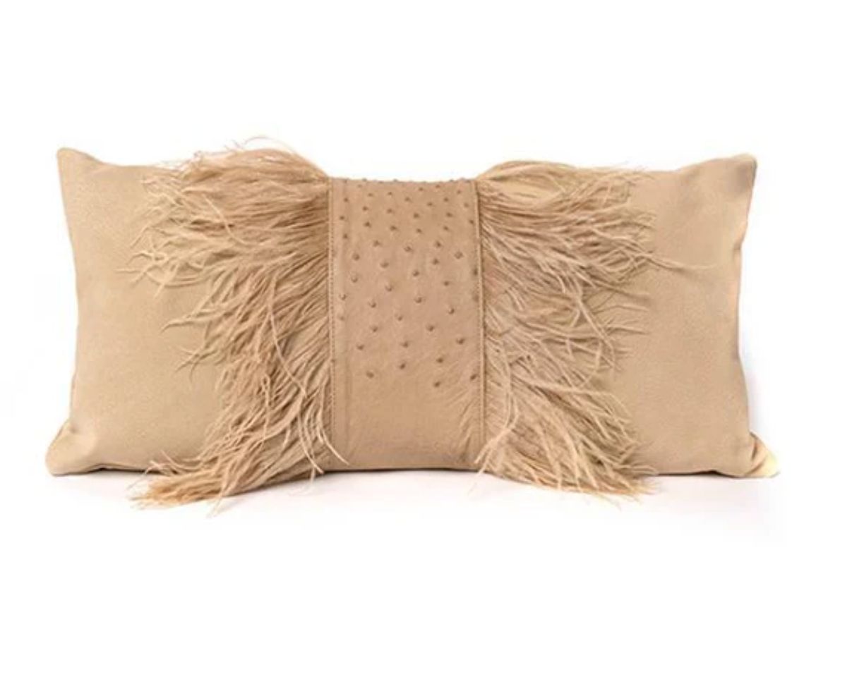 Lumbar Pillow - Ostrich Skin and Feathers, Cream Suede, Feather Down Insert, 2 Available