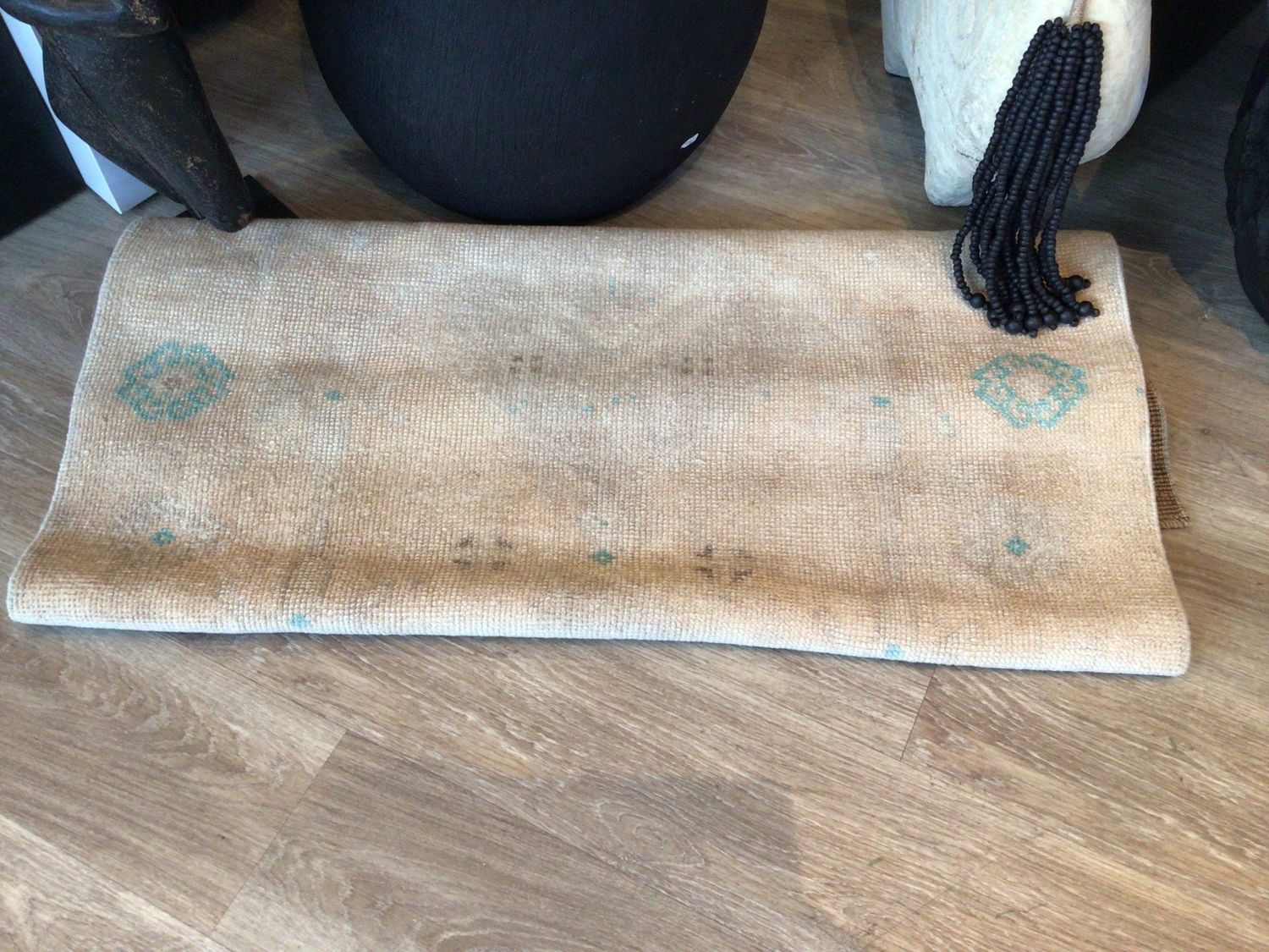 Turkish Oushak Rug Runner, 3&#39;3&quot; W x 9&#39; 9&quot;L, Light Tan/Pale Peach/ Turquoise