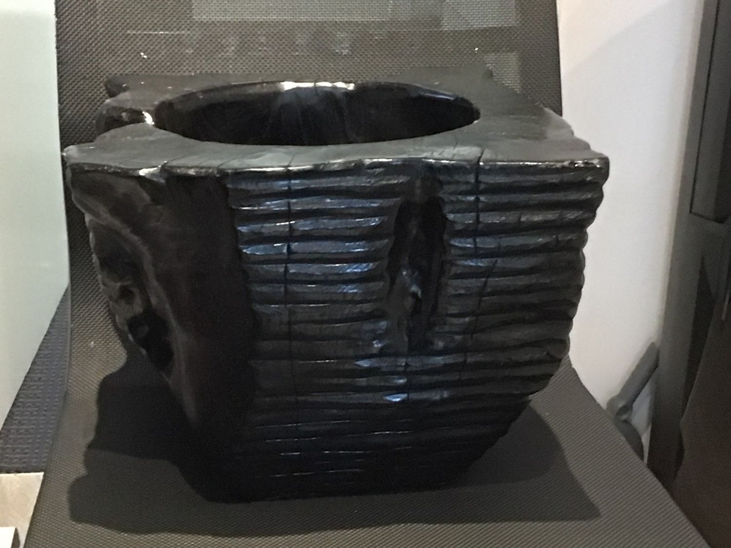Artisan Hand Carved Black Polished Teak Planter, Bali, 9&quot;H x 11&quot; W x 11&quot;D