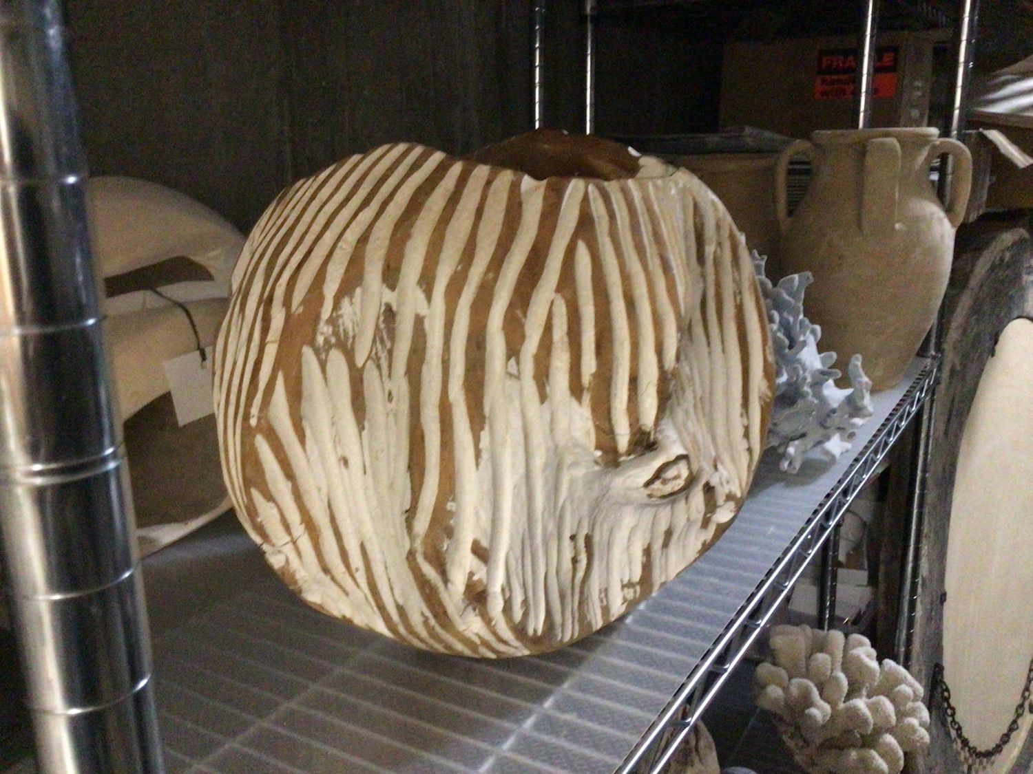 Painted Thailand Ball Bowl, Brown And White Sculpted Wood Ball Bowl