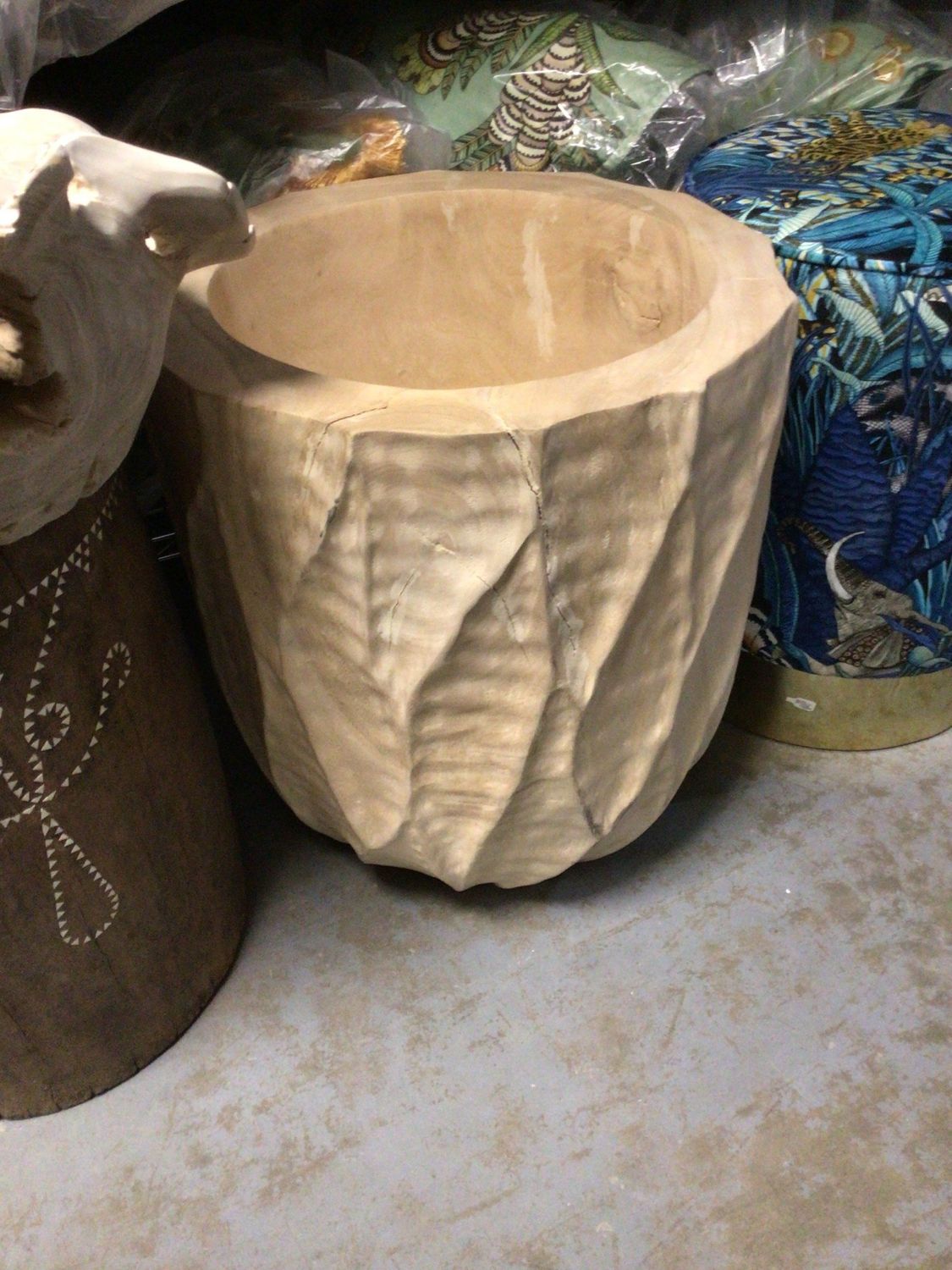 Bleached Hand Carved Vessel / Planter From Bali, 20.5&quot; H  x 18&quot; D