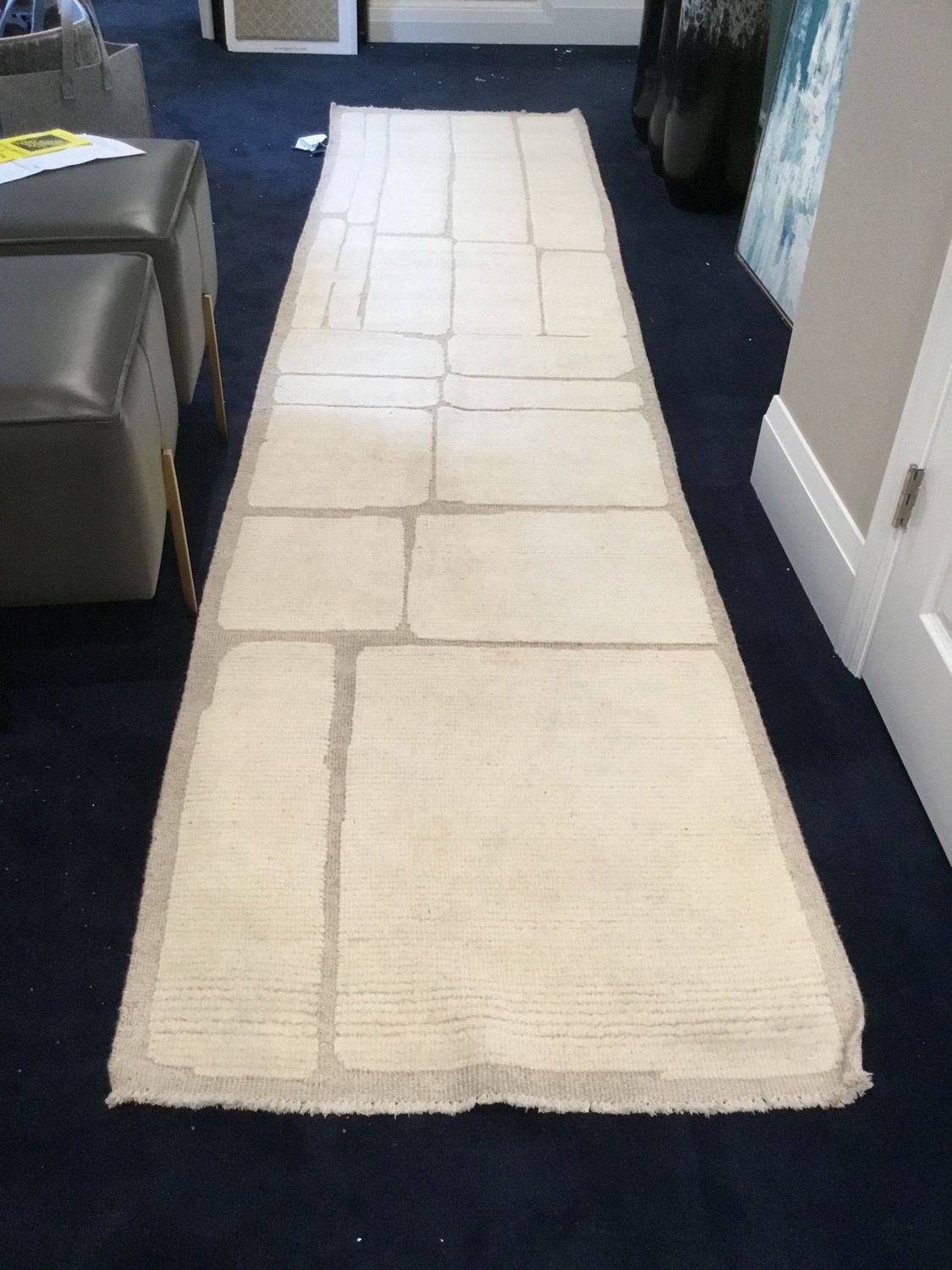 SOLD Moroccan Rug Runner,  3&#39; x 12&#39;, Off-White /Ivory Cream Block Pattern