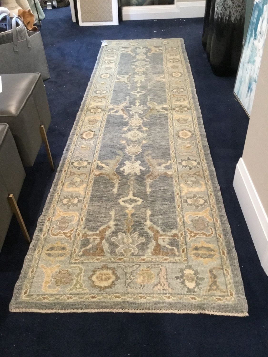 Turkish Oushak Rug Runner,  3&#39; x 10&#39;9&quot; -  Pale Light Blue/ Grey/ Light Tan, Hand-Knotted 100% Wool