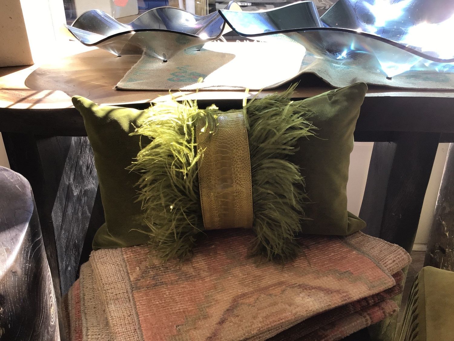 Lumbar Pillow, Ostrich Trim and Feathers, Green Cotton Velvet, Feather Down Insert, 2 Available