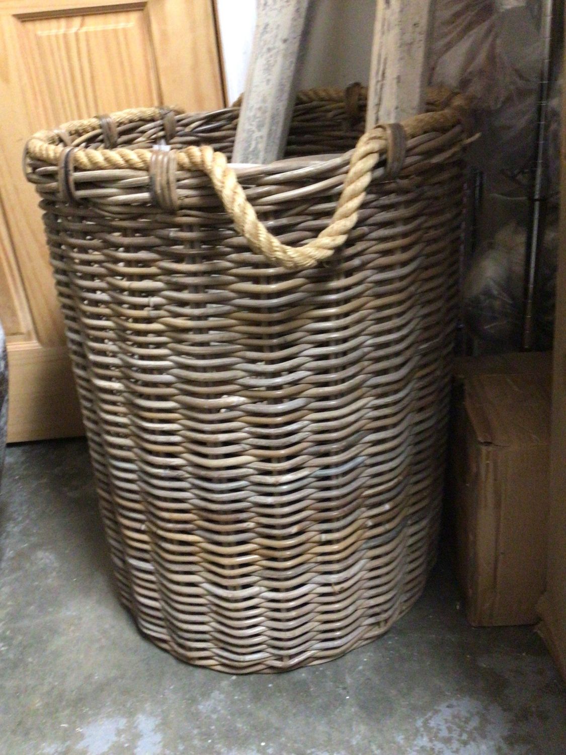 Round Tall Basket With Rope Trim Handles