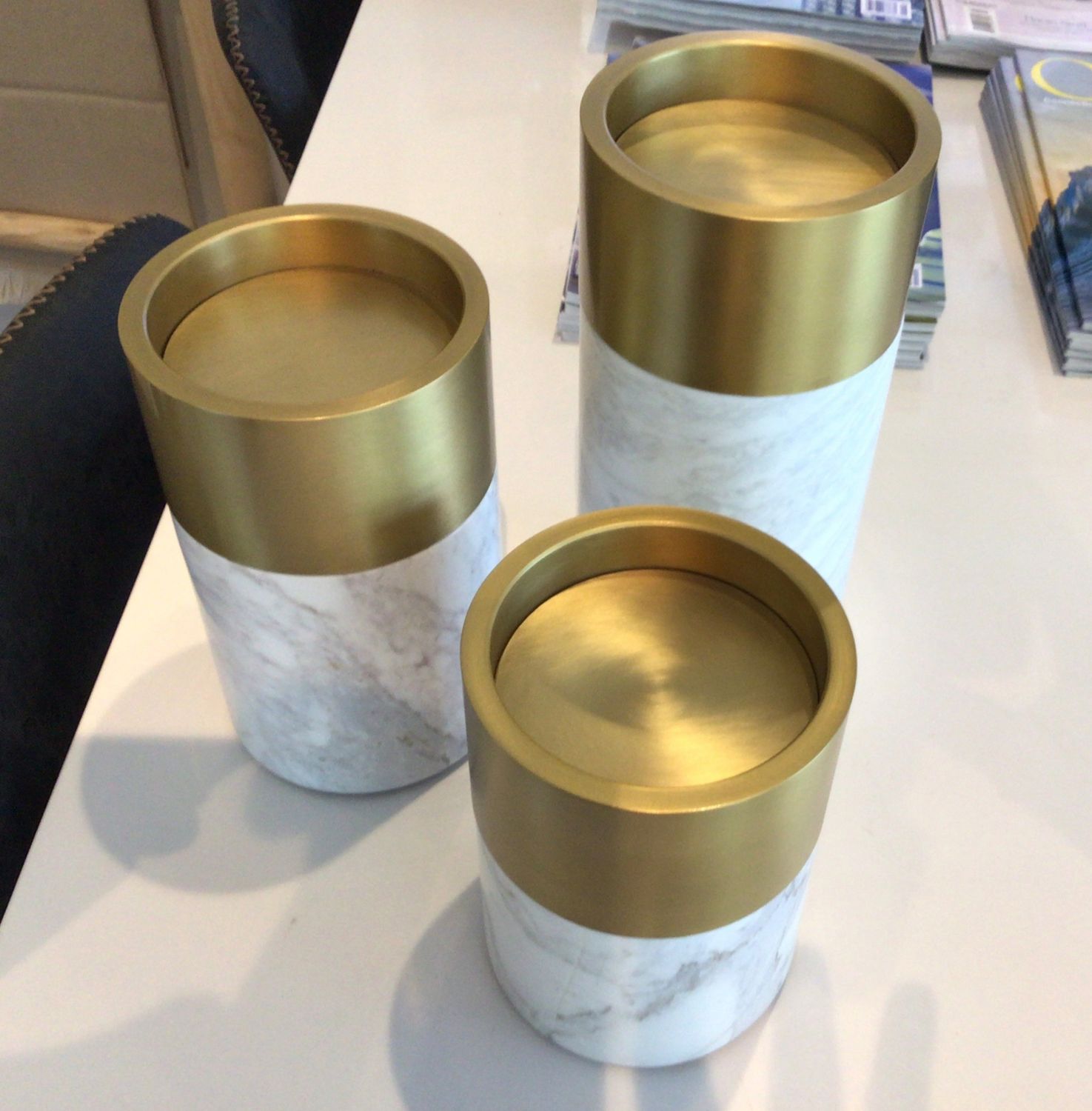 Pillar Candle Holder Set of 3 Marble Brushed Brass Graduated