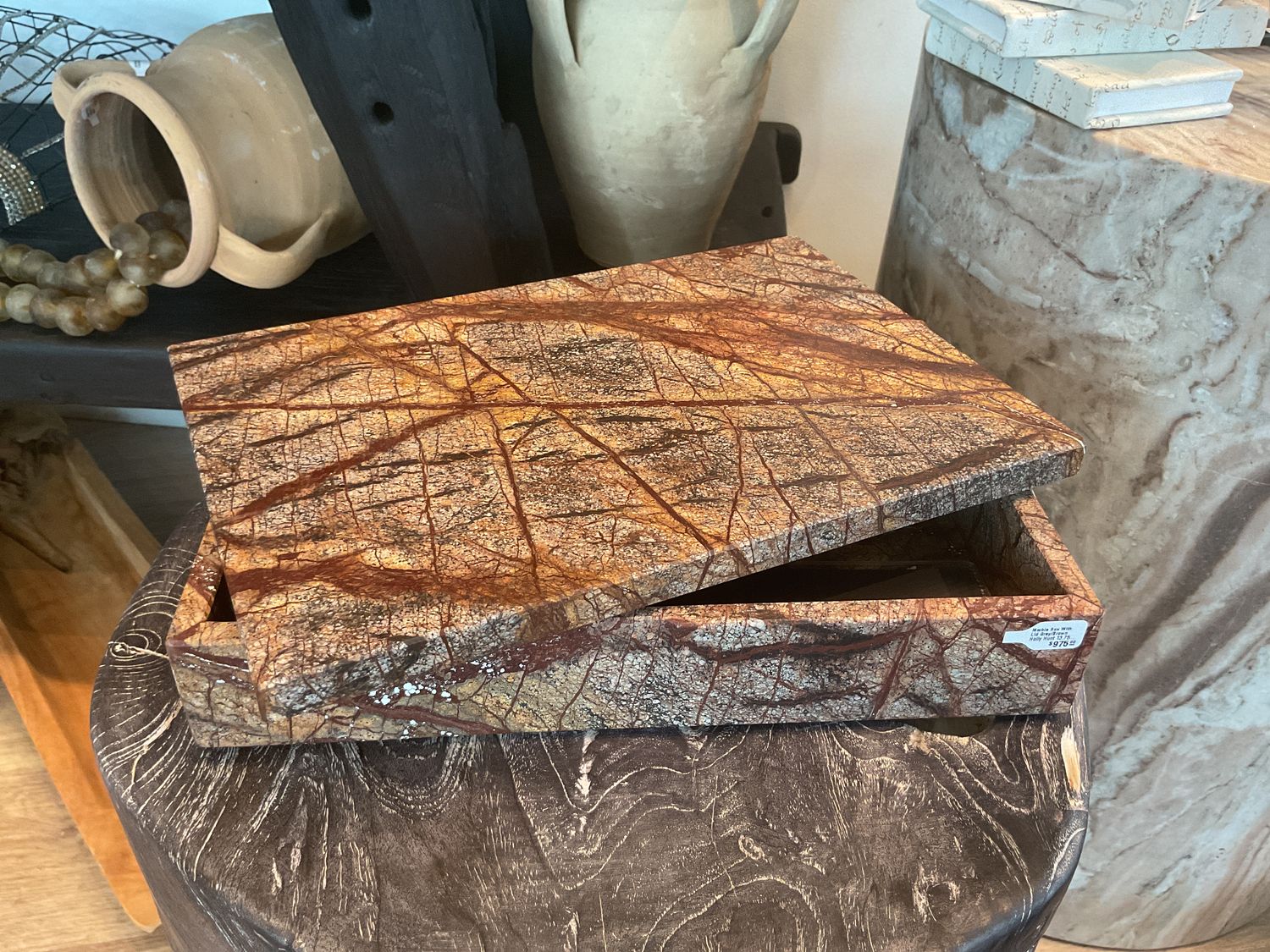 Marble Box With Lid Grey/Brown  Holly Hunt 13.75 x 8.6 x 2.75