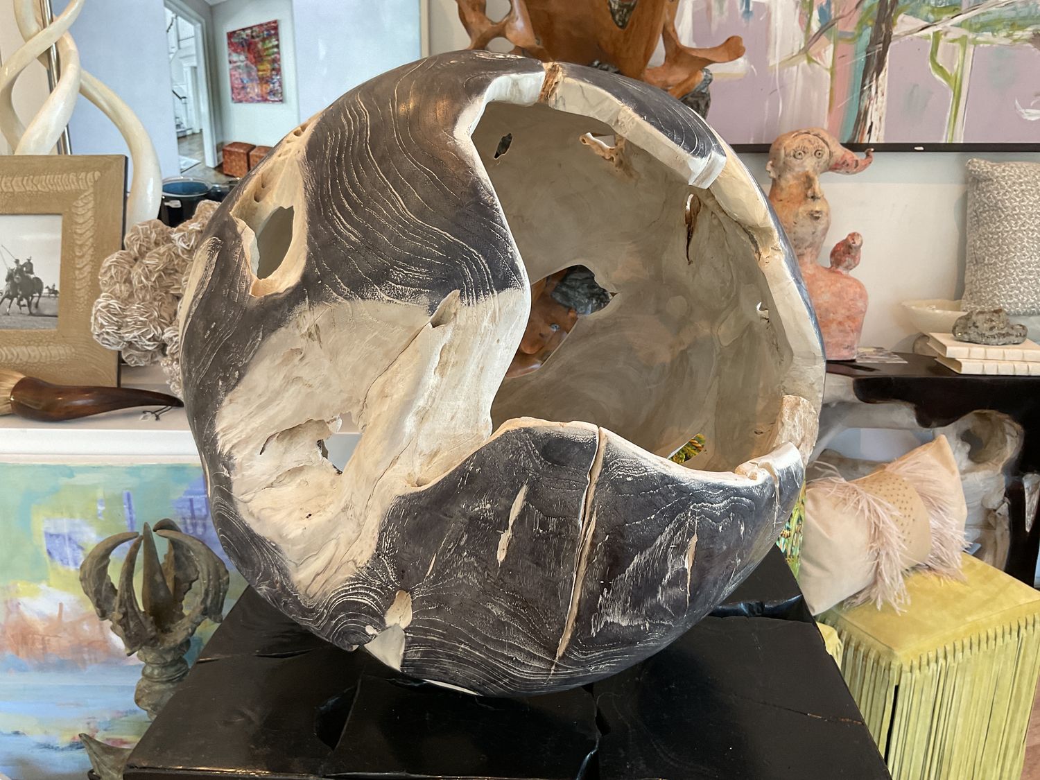 Black White Teak Ball Sculpture 20&quot;