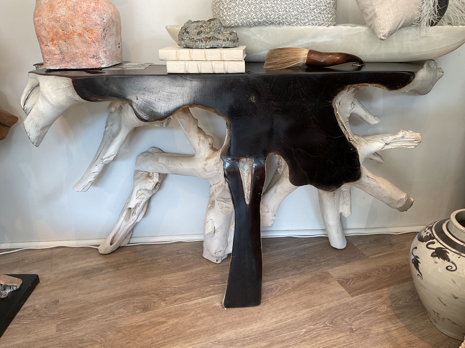 SOLD Teak Root Console Table - Bleached Teak And Black, 59&quot;W x 18&quot; D x 32&quot;H