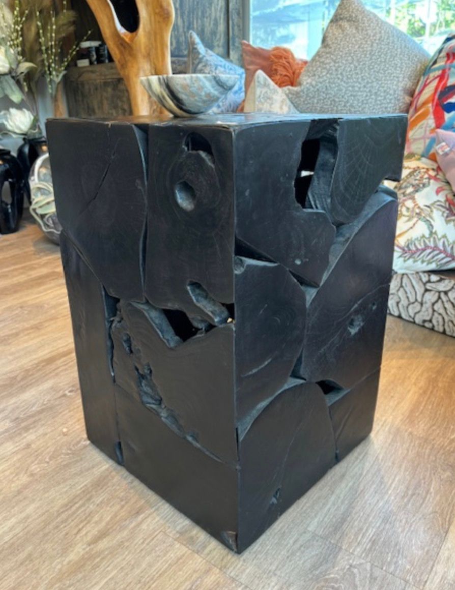 Black Polished Sliced Teak Column Pedestal, Bali,  24&quot;H x16&quot;W