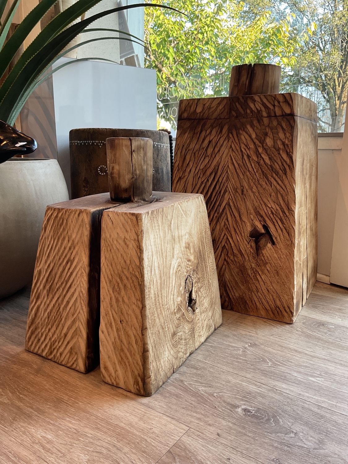 Set, Spanish Wood Sculptural Set of 2, Burnished