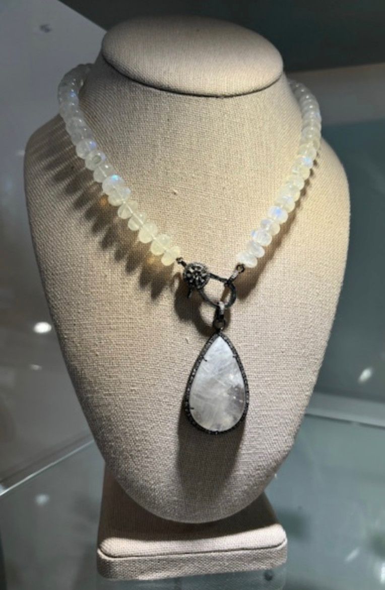 Rainbow Moonstone Necklace With Removable  Pendant, Diamond Bezel &amp; Clasp, 15&quot; Necklace, 1.75&quot; Pear Shaped Center Stone