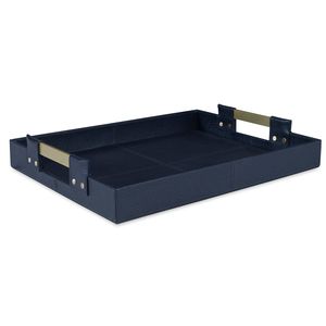 Tray Small Navy Faux Shagreen Brass Handles 16x13x2.5