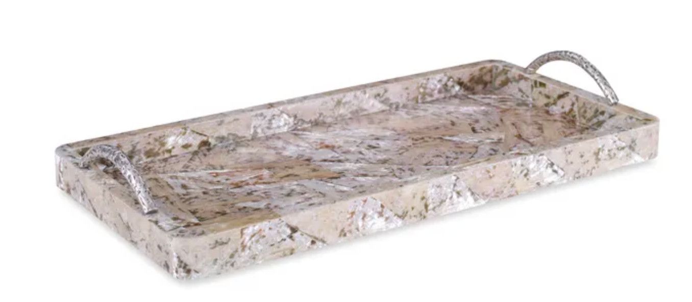 Shell &amp; Mother-of- Pearl Tray with Silver Handles 17.75&quot; x 8.5&quot;