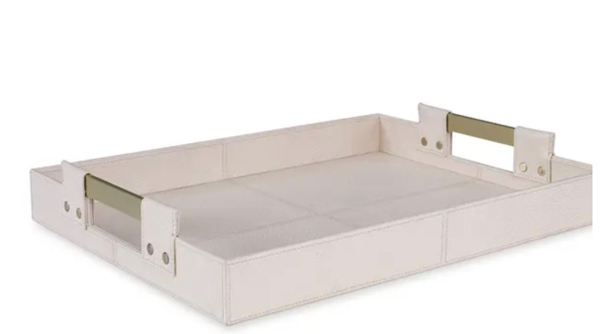 Leather Tray, Cream, Gold Handles, 18&quot; x 14&quot; x 3&quot;