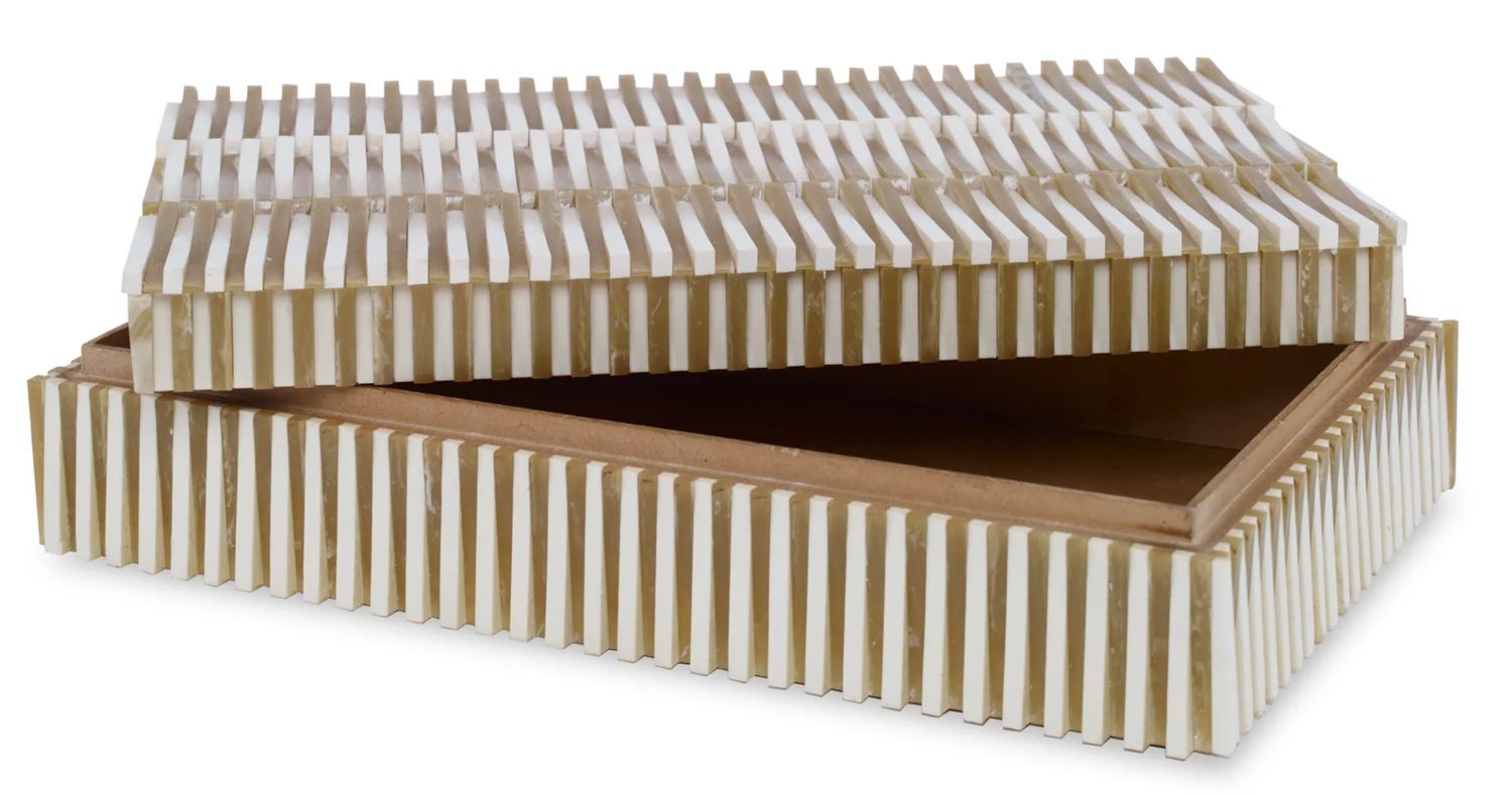 Decorative Box- Tan &amp; White, Resin, Bone &amp; Horn, 13&quot; x 8&quot;