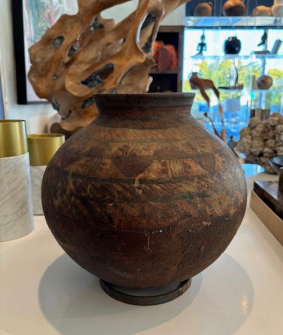 Vintage ArtisanTerra Cotta Vessel, Hand Painted, Bali, on Rings for Standing, 1 Available