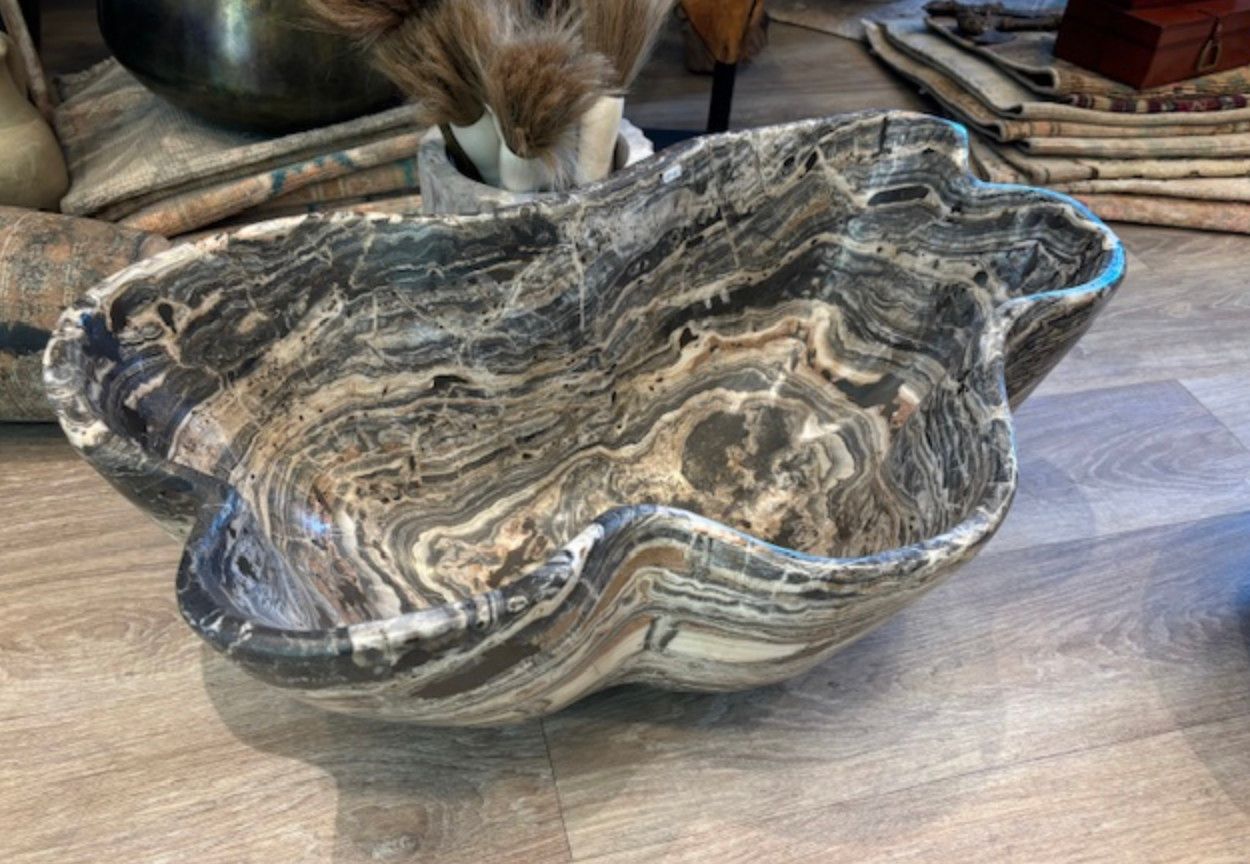Onyx Bowl - Deep,Large Polished Gray Cream Swirl 28 x 18 x 10&quot;