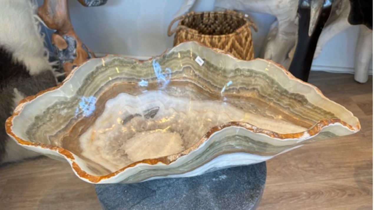SOLD Large Onyx Bowl Greens /Creams Raw Edged 26&quot;L x 16&quot;W