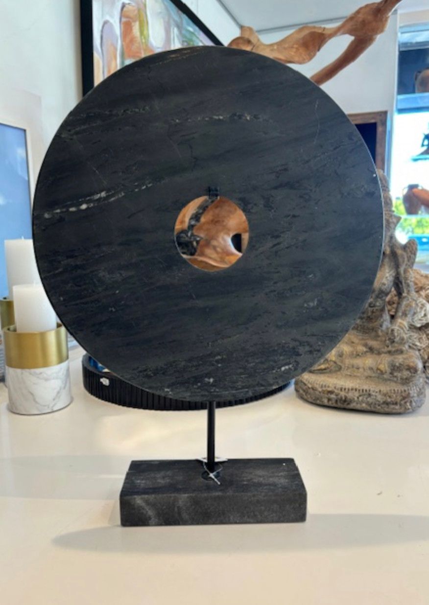 Black Marble Disc on Stand - 22&quot; H x 16&quot; Diameter