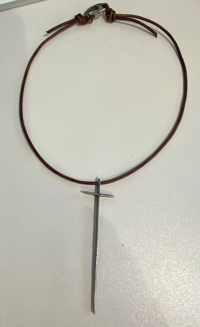 Necklace Leather Cord with Sterling Cross and Clasp Hand Made