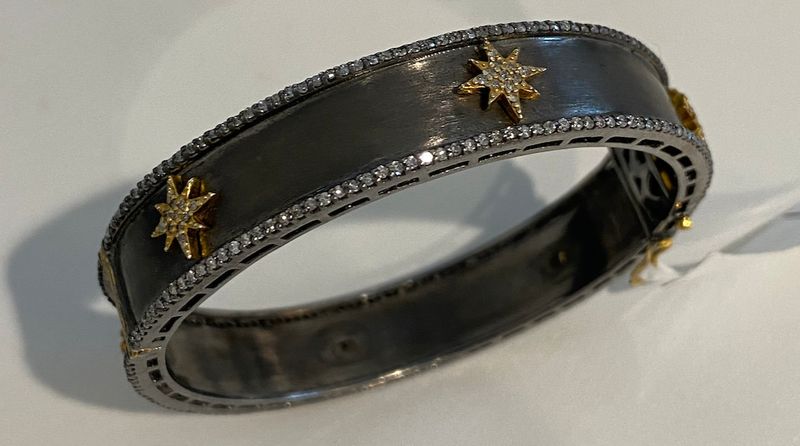 Bracelet Diamond and Sterling Bangle with 14k YG Stars
