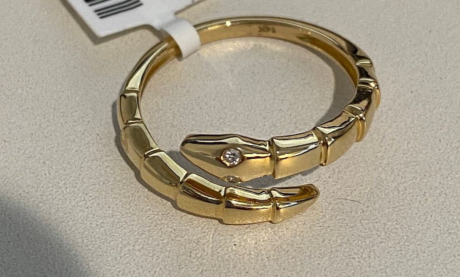 Ring Snake Coil Ring with Diamond Eyes 14K YG sz 7