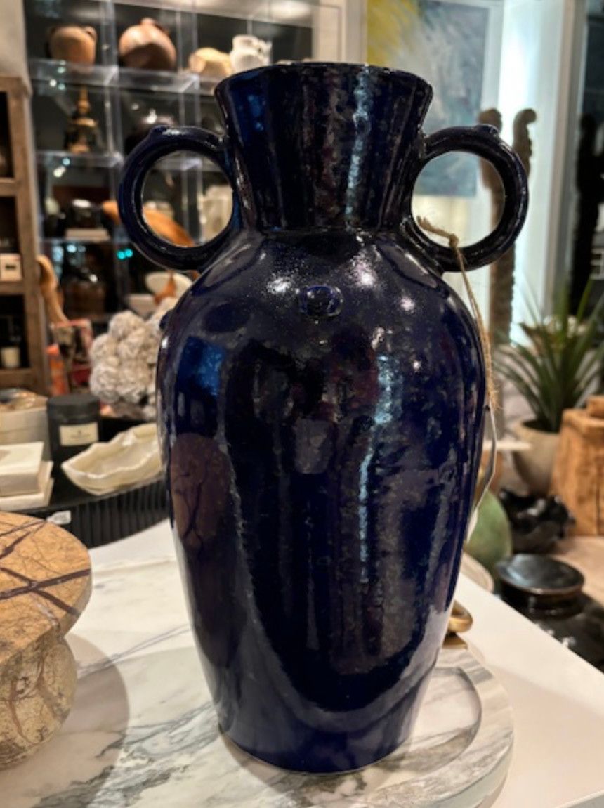 Large Vase Indigo Blue Glazed Ceramic Two Handles Namur