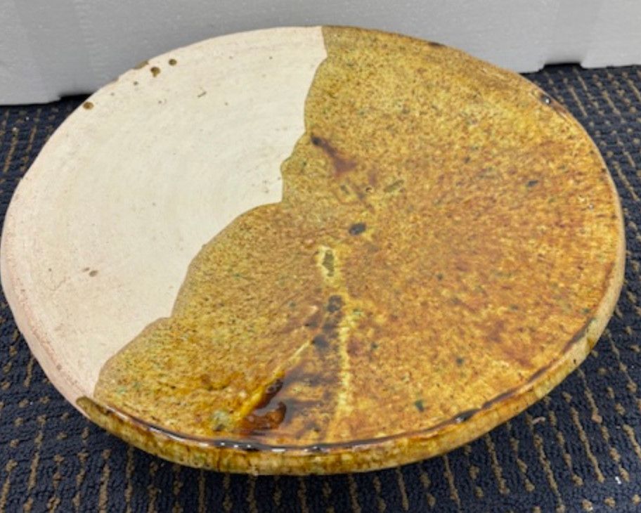 Serving Plate On Pedestal Half Amber Glazed  Ceramic Morocco