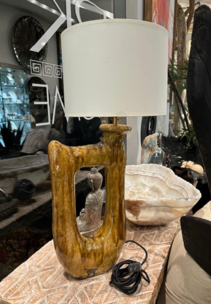 Morrocan Lamp,  Golden Glaze Ceramic, Custom Shade &amp; FInial, Morocco 28.25&quot; Tall