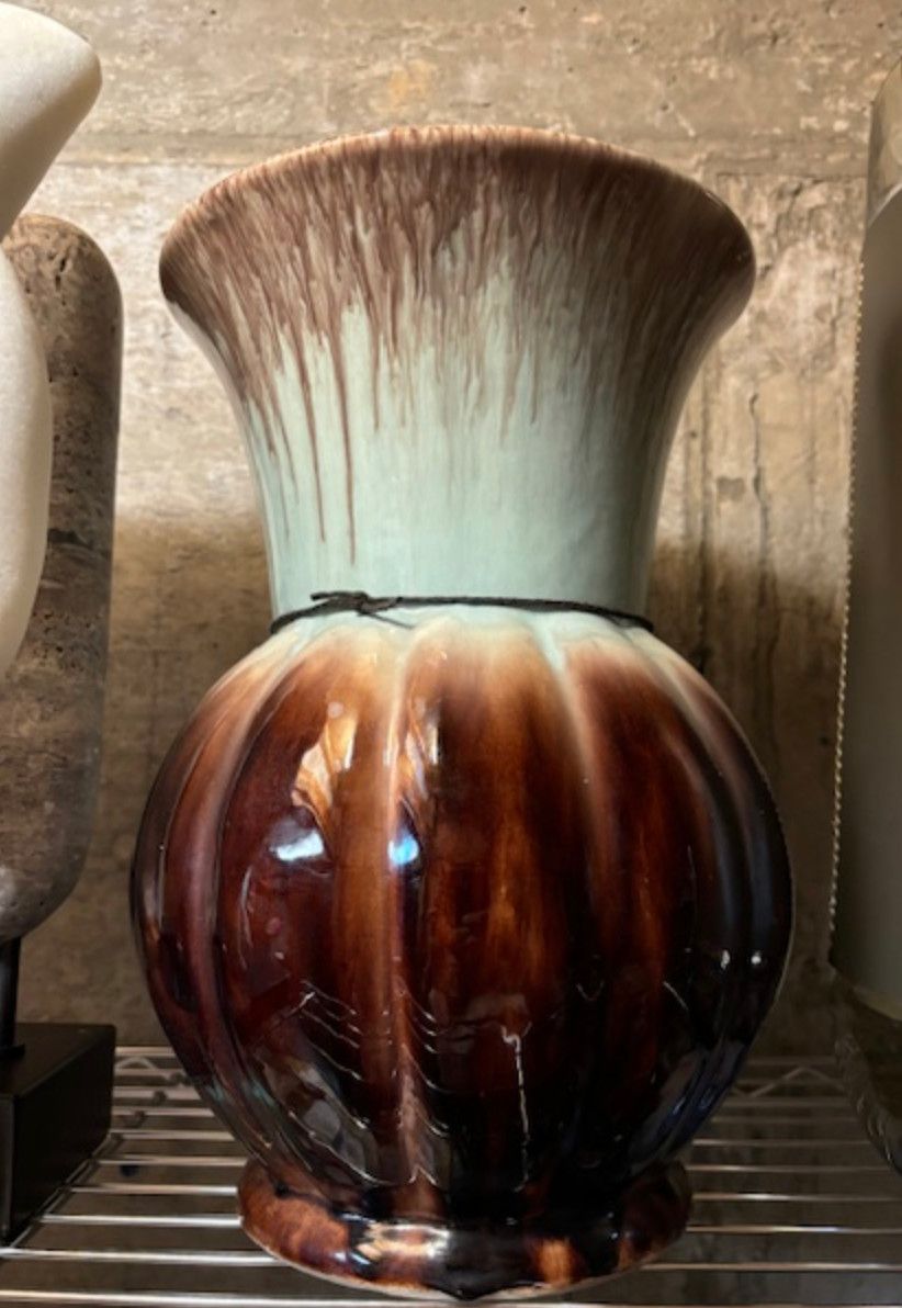 Artisan Glazed Ceramic Tulip Shape Vase Mint Green &amp; Browns Germany 13.7&quot; H