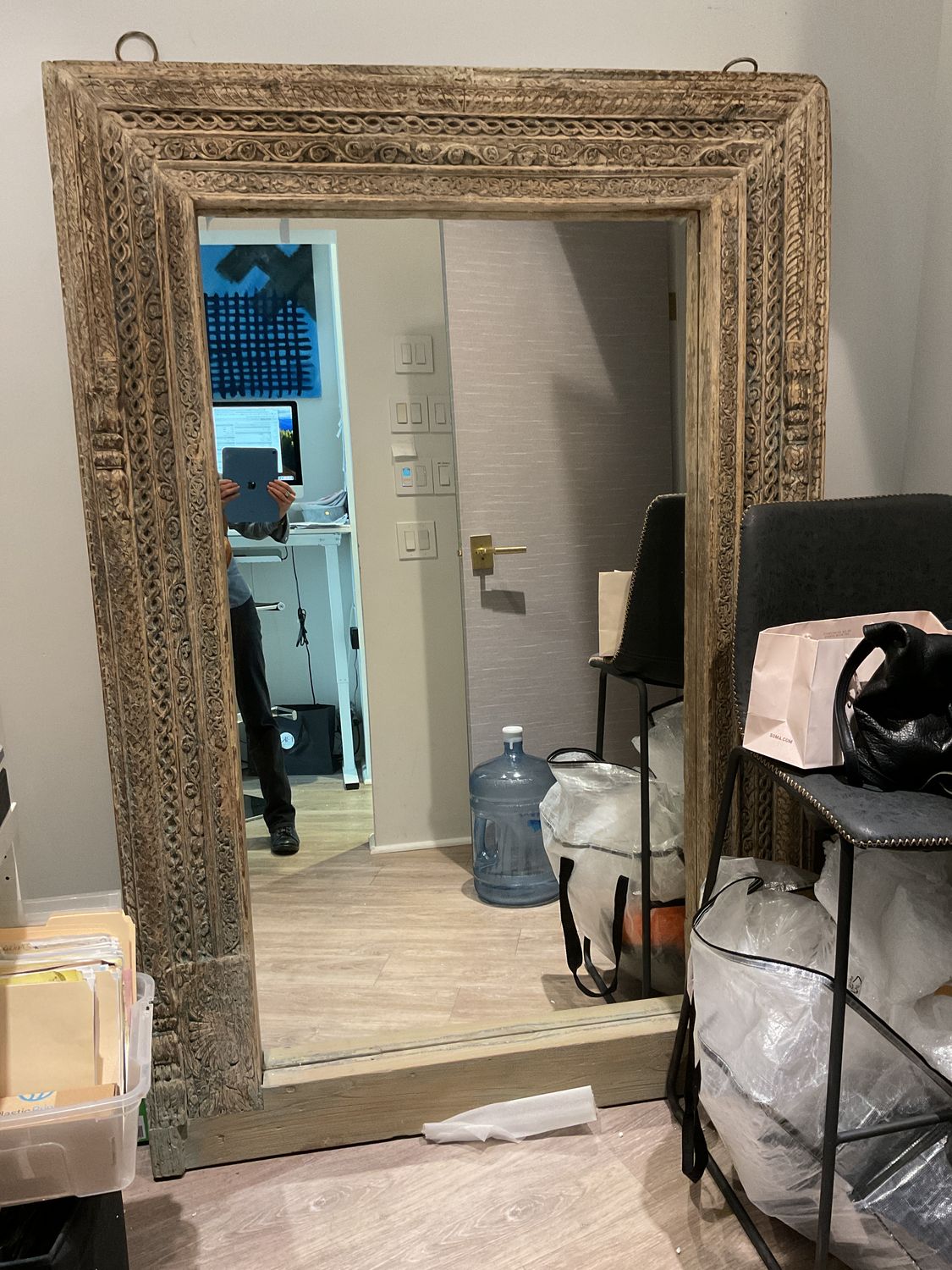 Mirror Mid 19th C Antique Hand Carved 69&quot; H x  46&quot;, Orig Door Frame