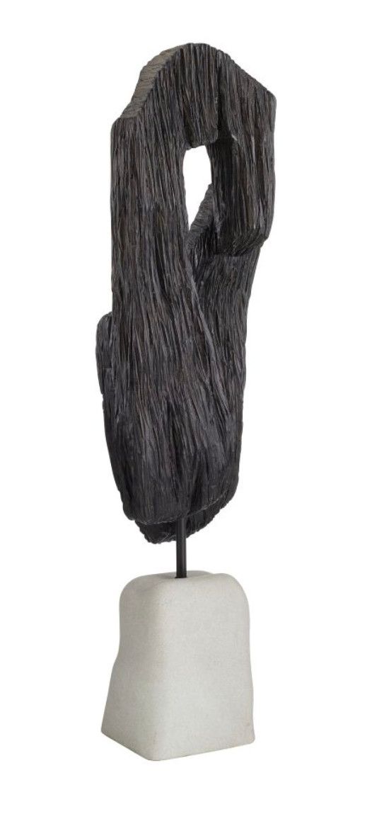 Floor Sculpture, Black Resin on Ivory Rice Stone Base, 50.5&quot; H