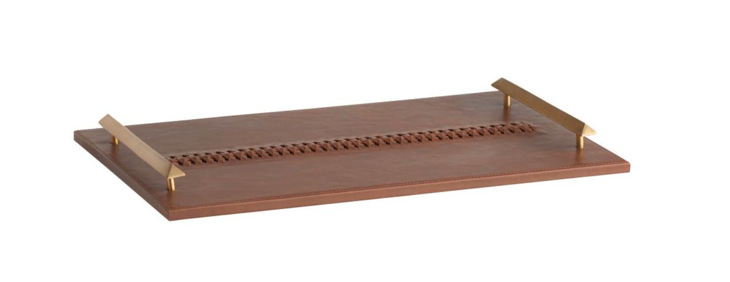 Leather Tray with Braid, Antique Brass Handles, 25&quot; x 15&quot;